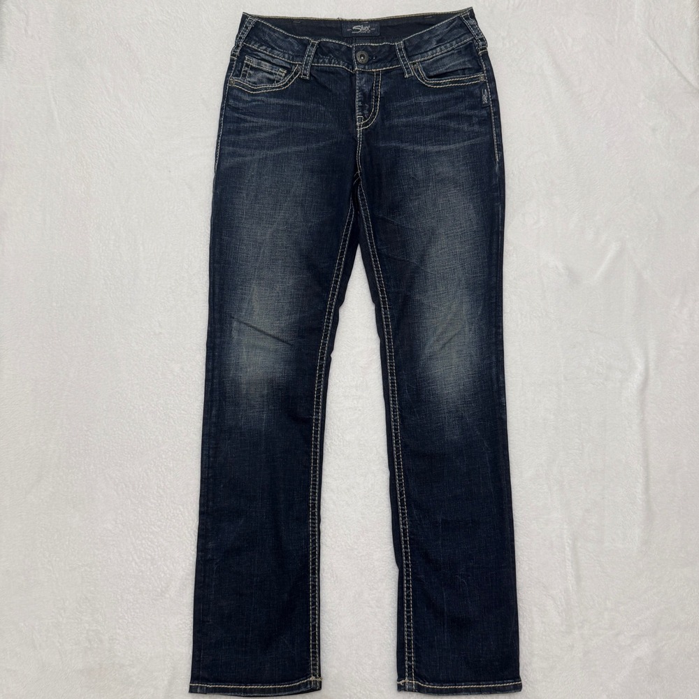 Silver Jeans Suki Mid Rise Straight Womens 30 Dark Wash Contrast Stitch Denim